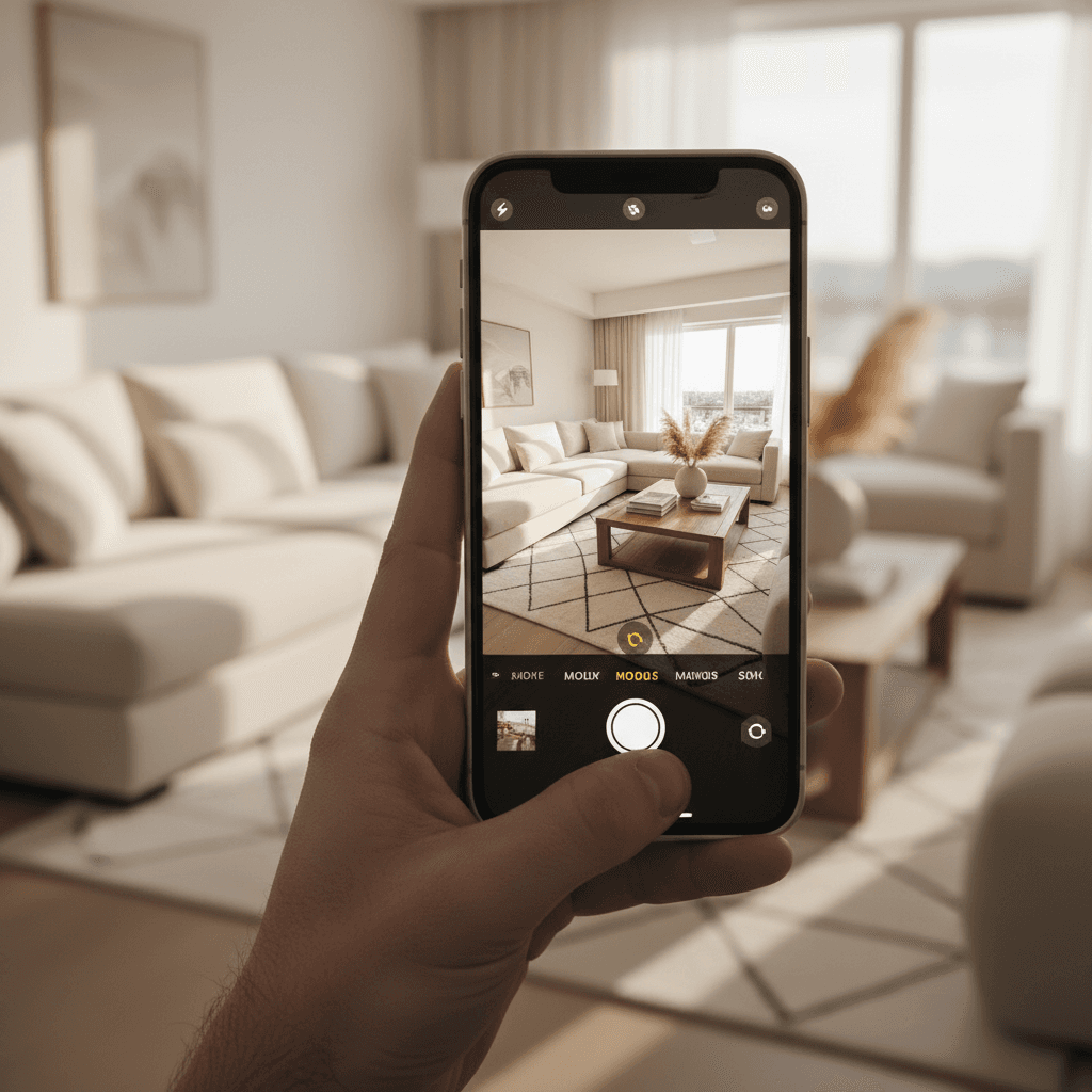 Person taking a photo of their room with smartphone for AI interior design