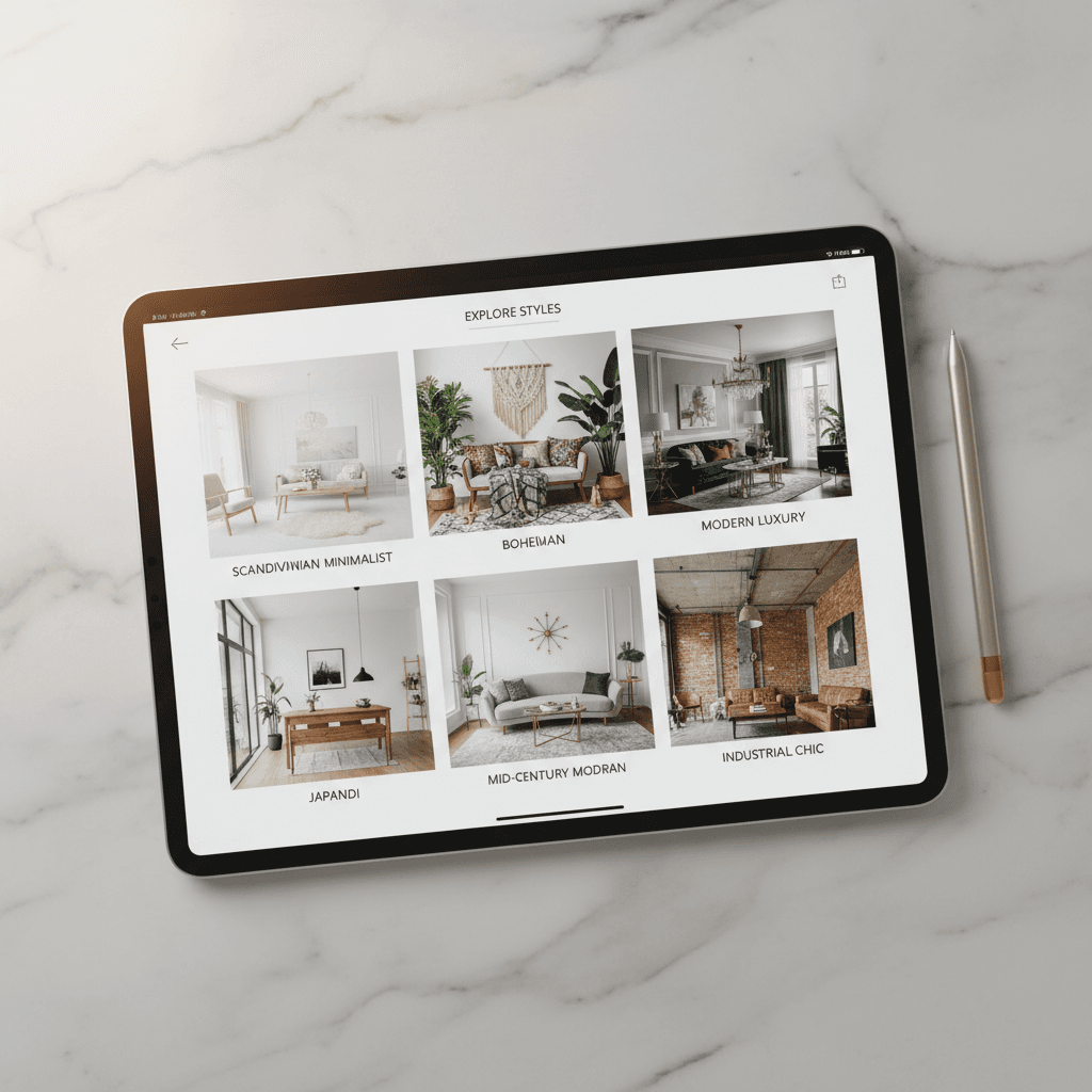 Browsing AI interior design styles on tablet showing multiple room aesthetics
