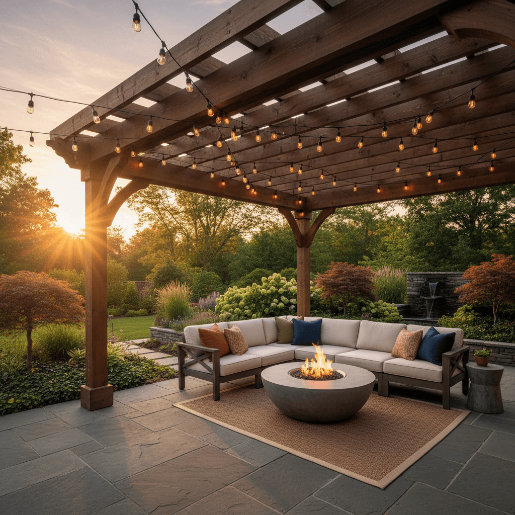AI backyard design — outdoor patio with pergola and string lights ai design ideas