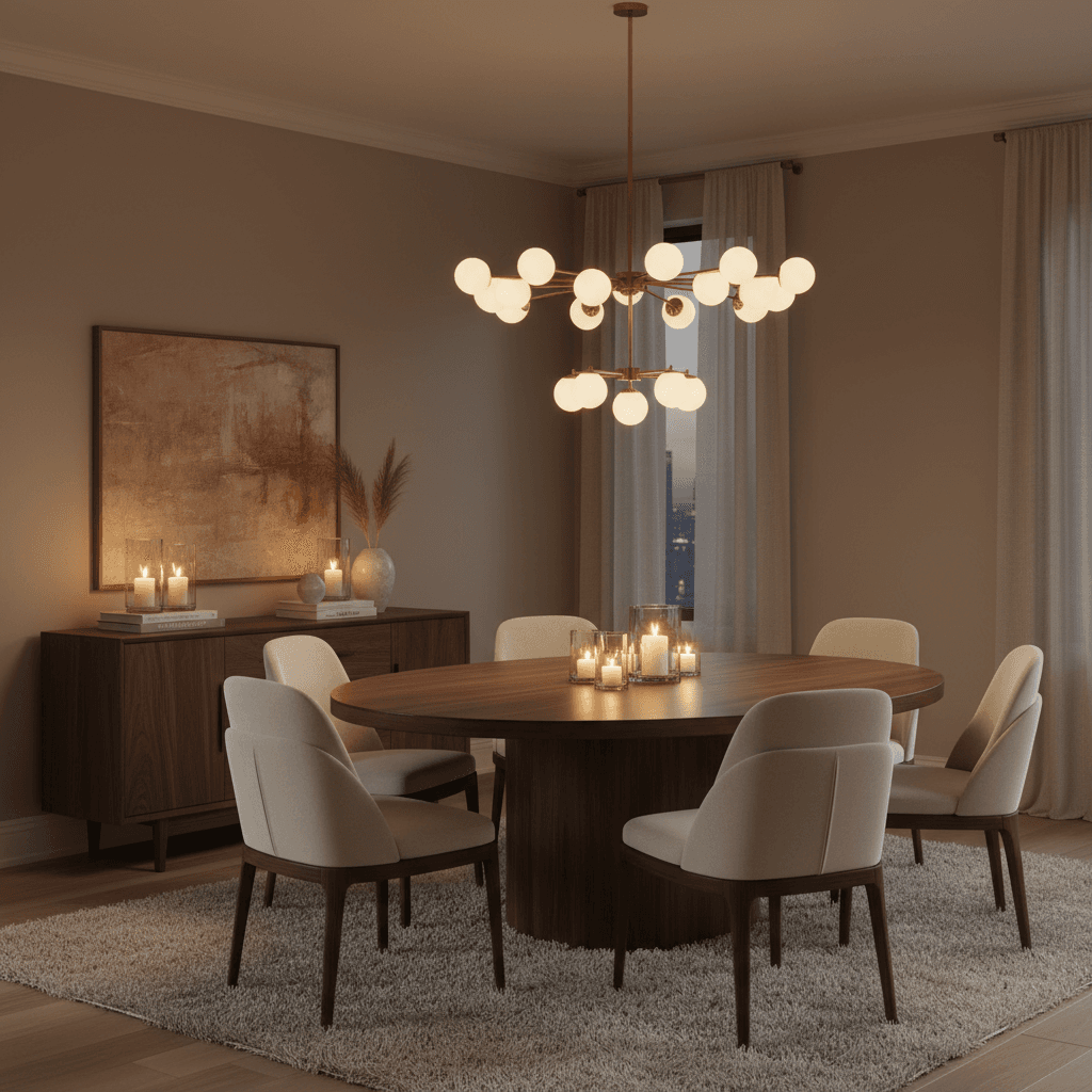 AI dining room design — elegant walnut table with ambient lighting ai interior design
