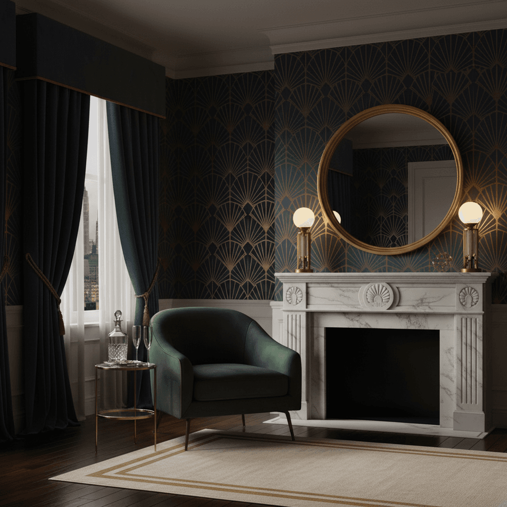 Art Deco ai room design style — glamorous navy and gold living room with geometric patterns