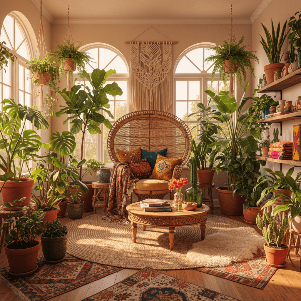 Bohemian ai decoration style — rattan furniture and lush indoor plants sunroom
