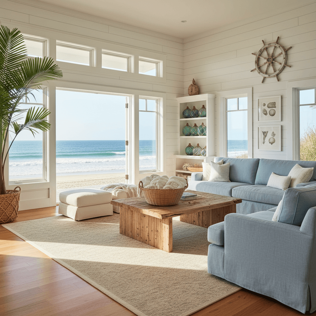 Coastal ai room design style — beach house living room with ocean view and driftwood accents