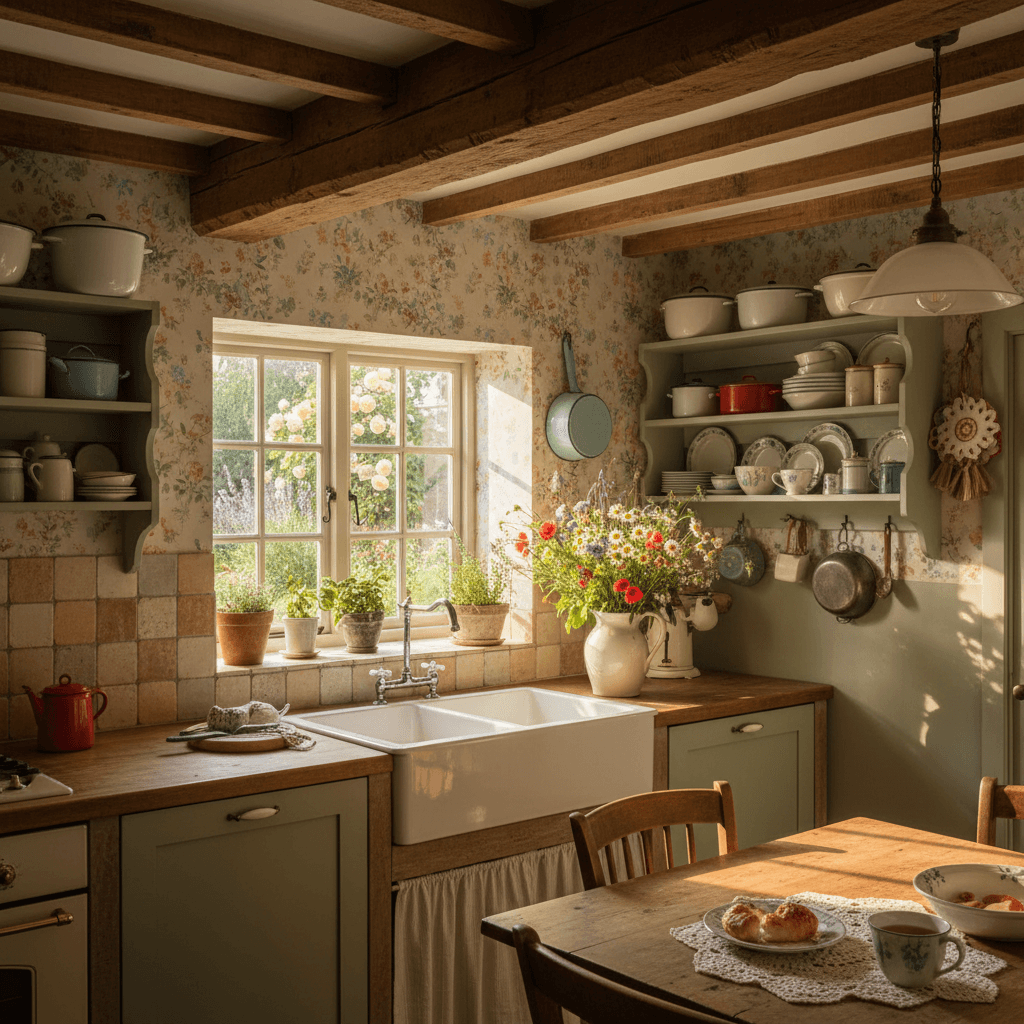 Cottagecore ai decoration style — charming rustic kitchen with floral wallpaper and wooden beams