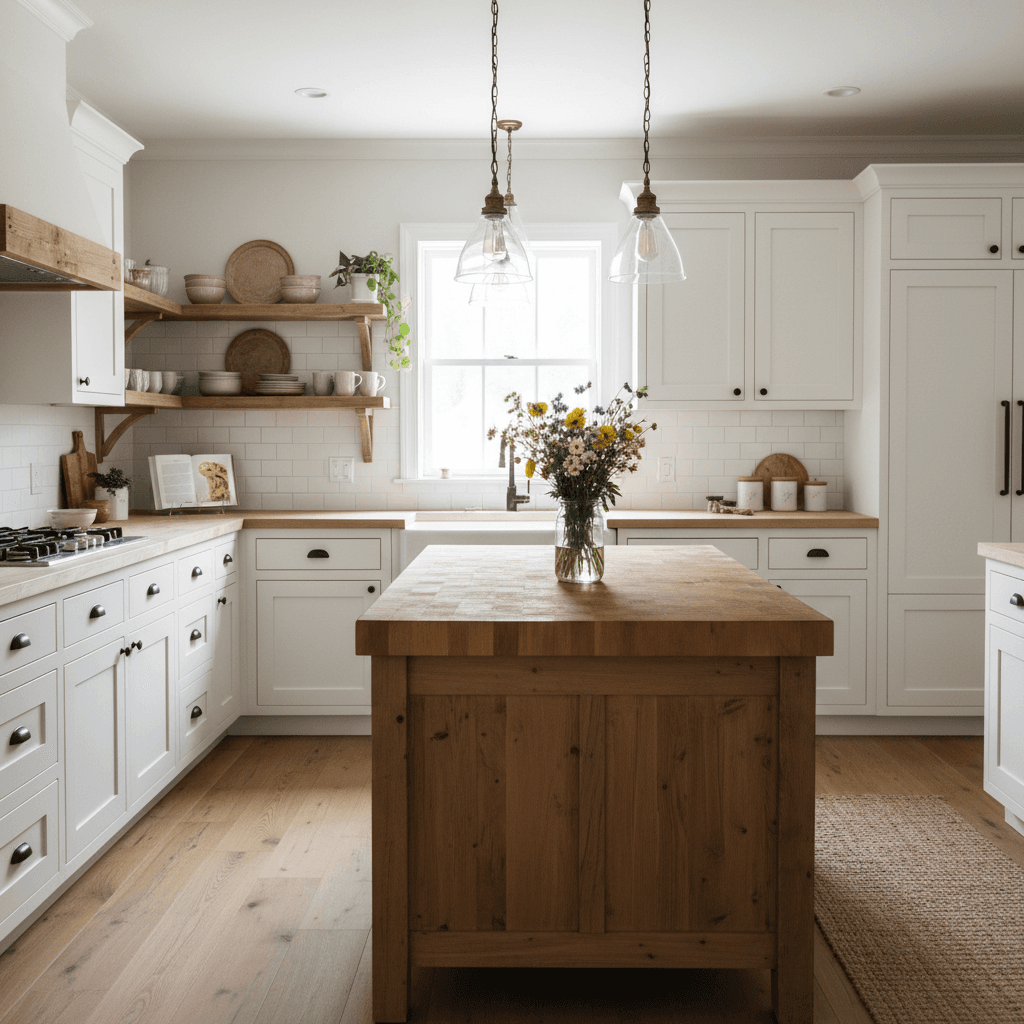 Farmhouse ai decoration style — white shaker kitchen with butcher block island and open shelves