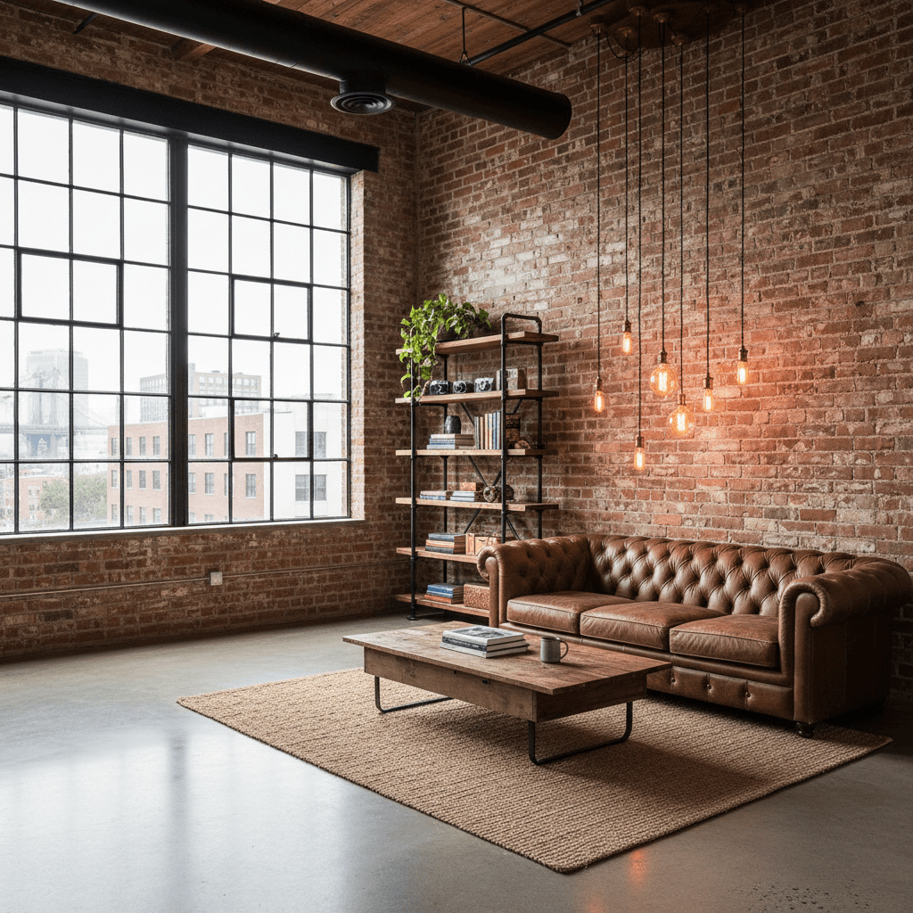 Industrial ai interior design style — exposed brick loft with leather sofa and Edison bulbs