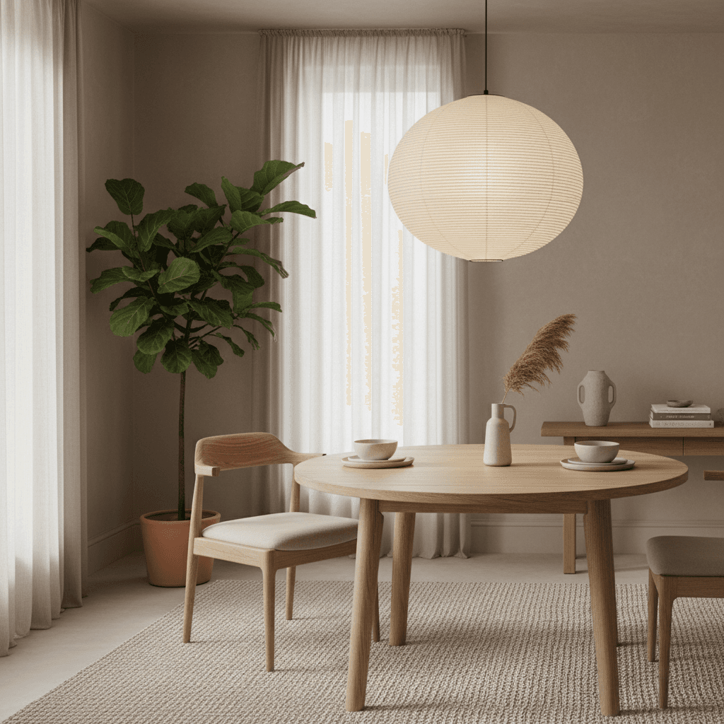 Japandi ai interior design style — serene dining room with light wood table and paper lantern