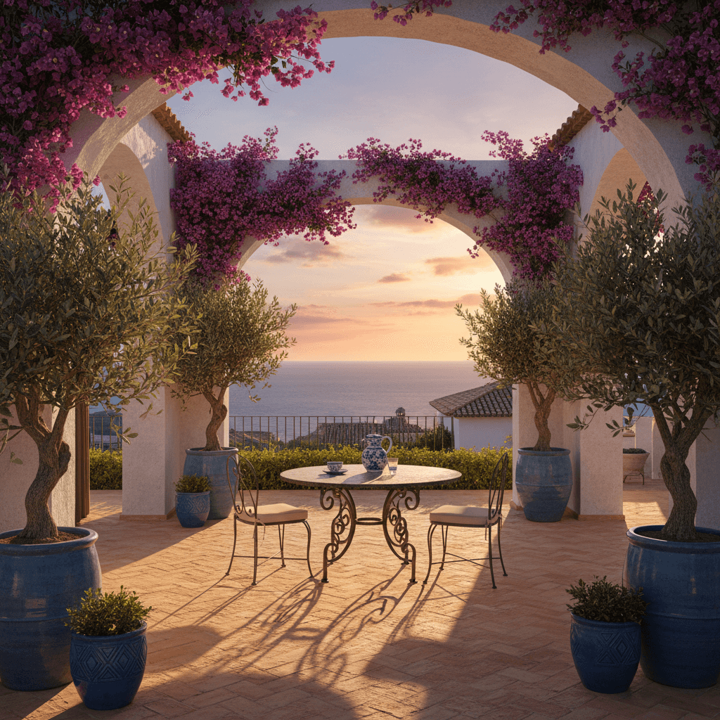 Mediterranean ai interior style — sun-drenched terracotta patio with whitewashed arches and bougainvillea