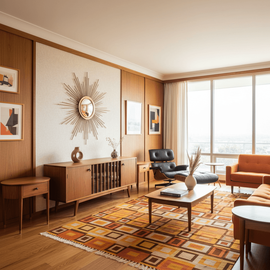 Mid-Century Modern ai interior style — teak furniture and geometric rug with retro warmth