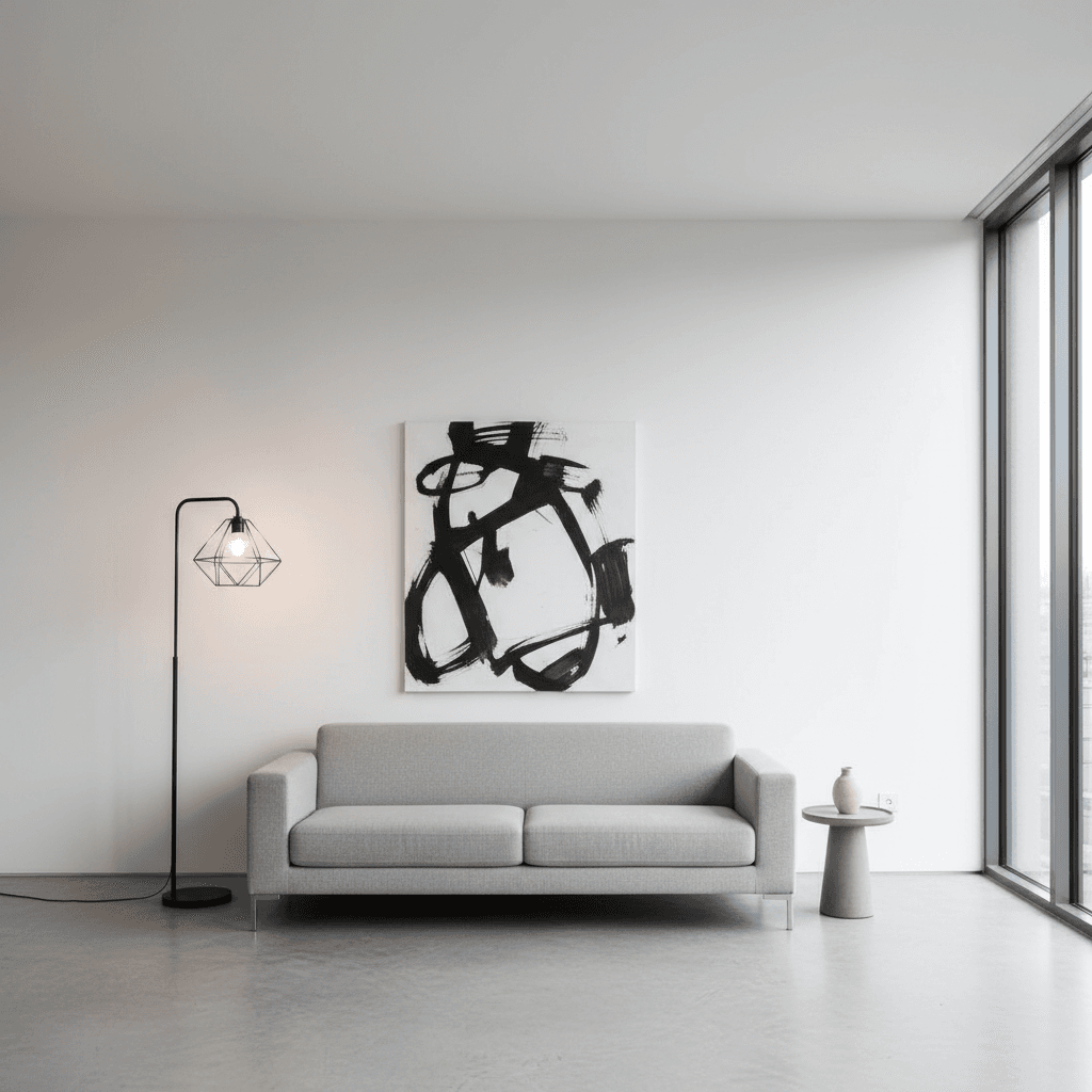 Minimalist ai interior design style — clean white living room with single statement sofa and abstract art