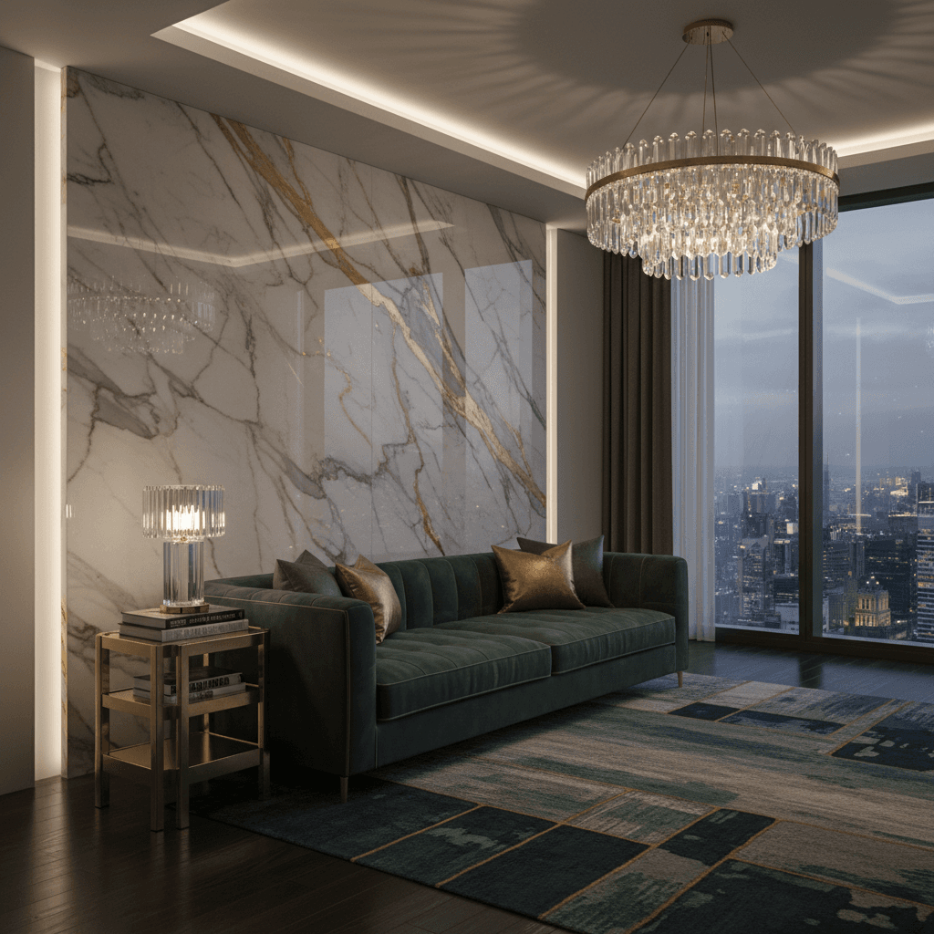 Modern Luxury ai interior style — marble wall and emerald velvet sofa with gold accents