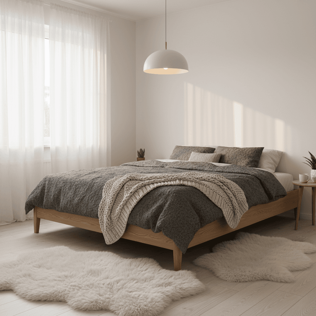 Scandinavian ai room design style — bright bedroom with neutral tones and cozy textures